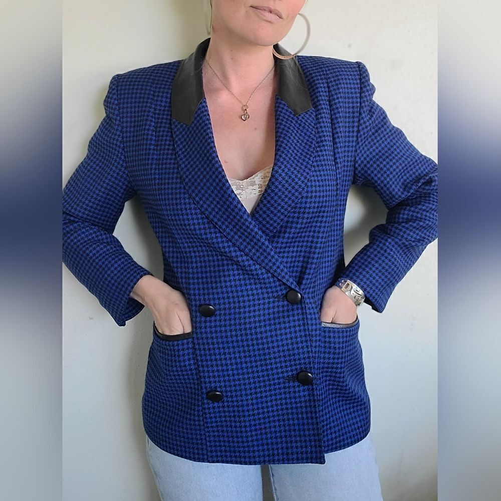 Sebastian Wool + Leather Vintage Houndstooth Blazer S-M - Picture 13 of 15